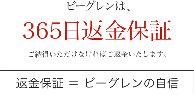 ビーグレンは、365日返金保証 ご納得いただけなければご返金いたします。 返金保証 = ビーグレンの自信